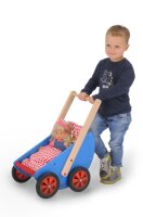Puppenwagen aus Holz BLAU inkl Kissen und Decke