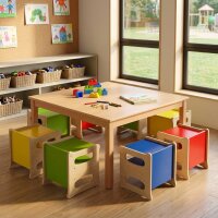 6 x Wendehocker + 1 x Holztisch 120 x 60 cm 7 er Set
