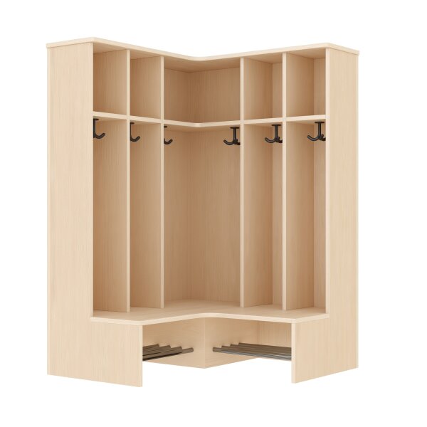 Komplett-Eckgarderobe 6 Plätze mit feststehender Bank